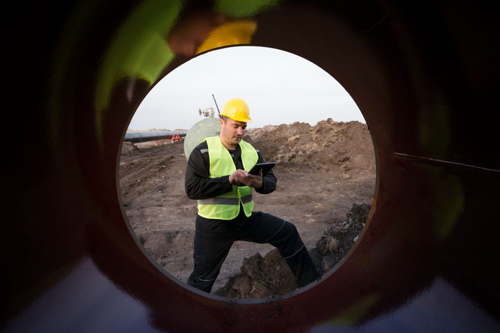 Tube focusing on a man with a hardhat using a tablet